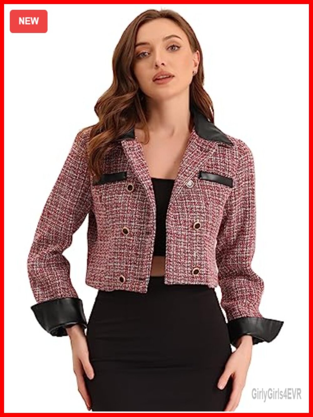 Tweed Plaid Blazer Contrast Collar Double Breasted Vintage Cropped Jacket for